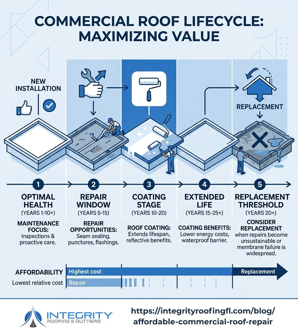 Lifecycle of a commercial roof showing repair windows, coating stages, and replacement thresholds - affordable commercial