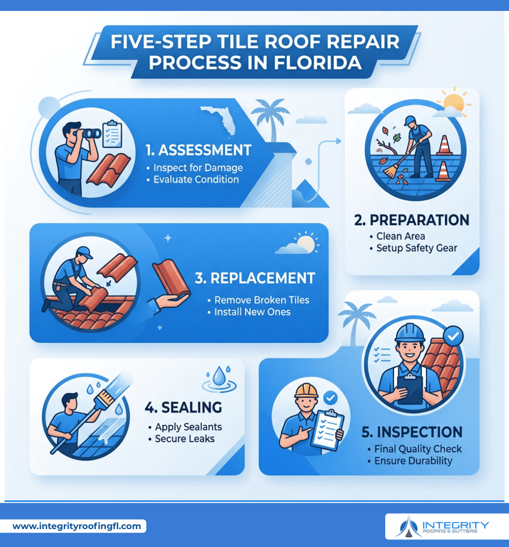 Infographic showing five-step tile roof repair process in Florida including assessment, preparation, replacement, sealing