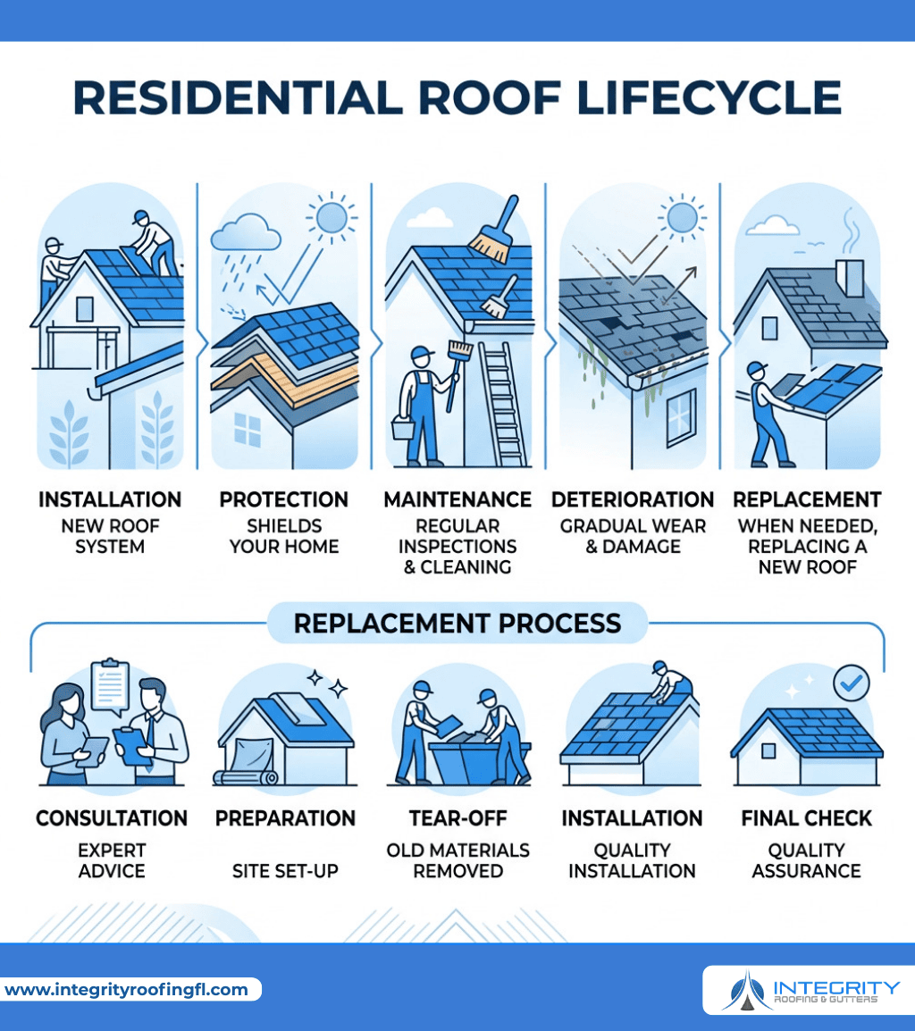 Illustration showing residential roof lifecycle stages including installation, protection, maintenance, deterioration, and roof replacement process steps.