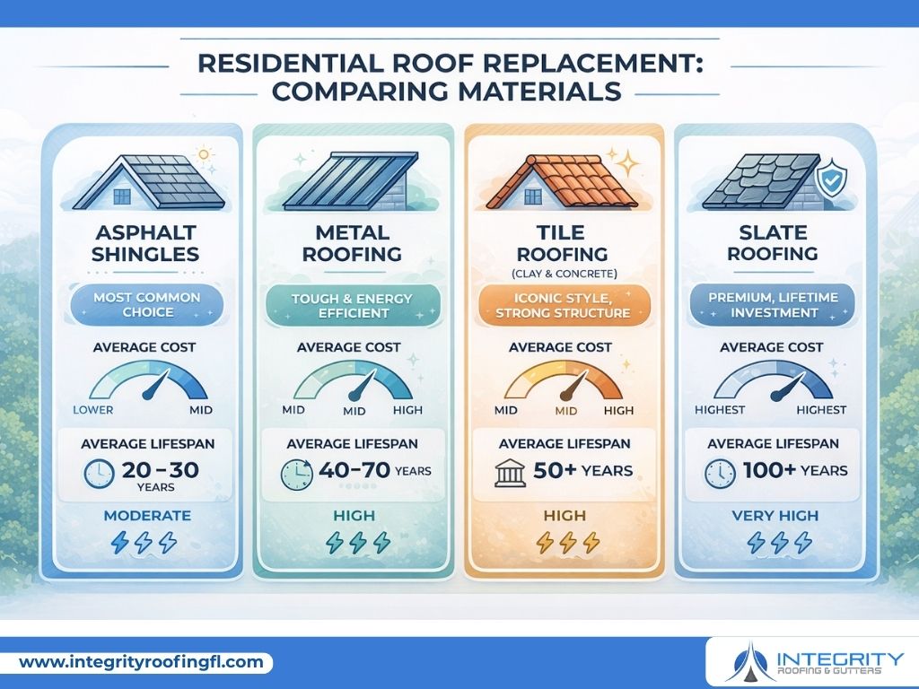 Infographic comparing four types of residential roofing materials—Asphalt Shingles, Metal, Tile, and Slate—highlighting cost, lifespan, and durability.