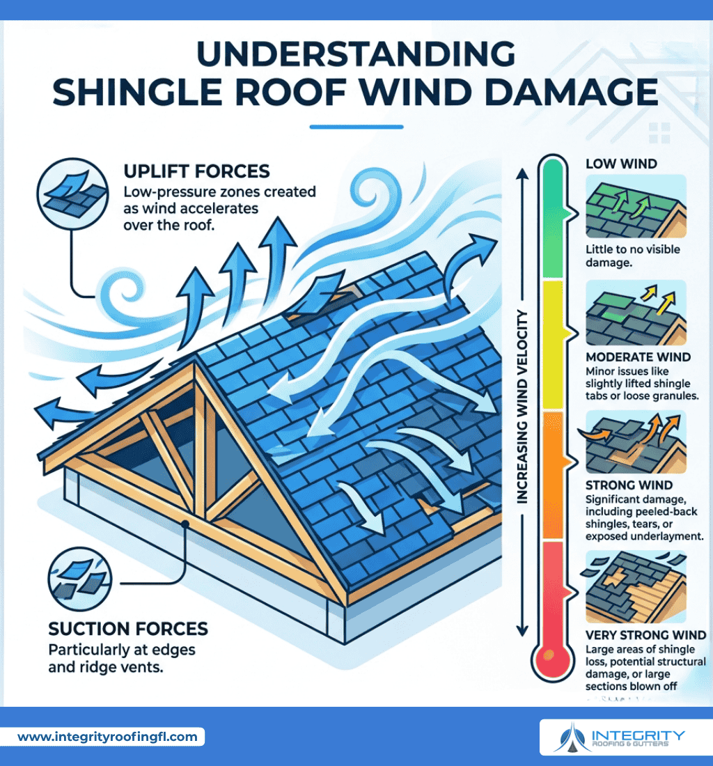 Infographic illustrating the effects of wind on shingle roofs. Shows uplift and suction forces, highlighting the impact of increasing wind velocity, from low wind to very strong wind. Depicts potential damage, including lifted shingles, torn sections, and structural damage.