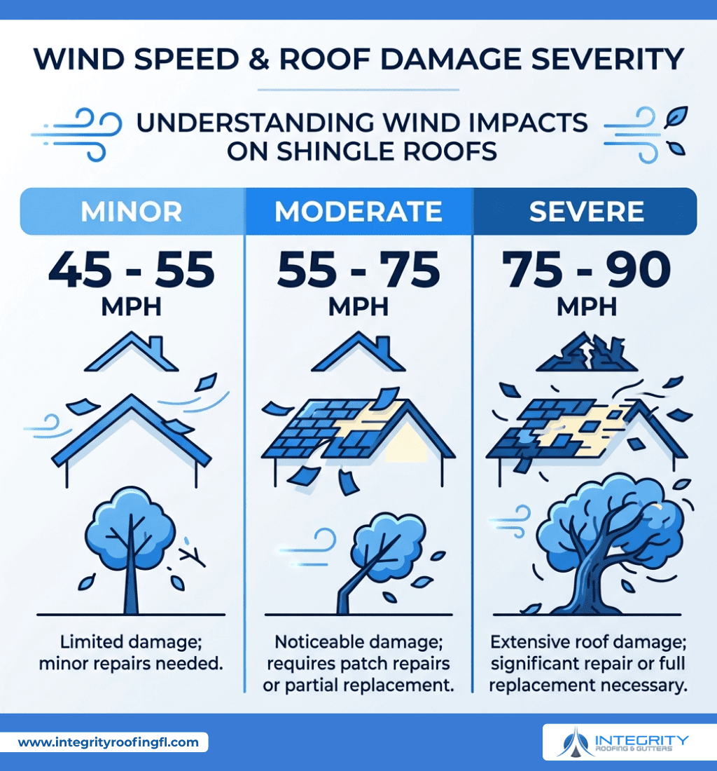 nfographic explaining the impact of wind speed on shingle roofs, showing three categories: Minor (45-55 MPH), Moderate (55-75 MPH), and Severe (75-90 MPH) wind speeds, with corresponding roof damage severity and required repairs.