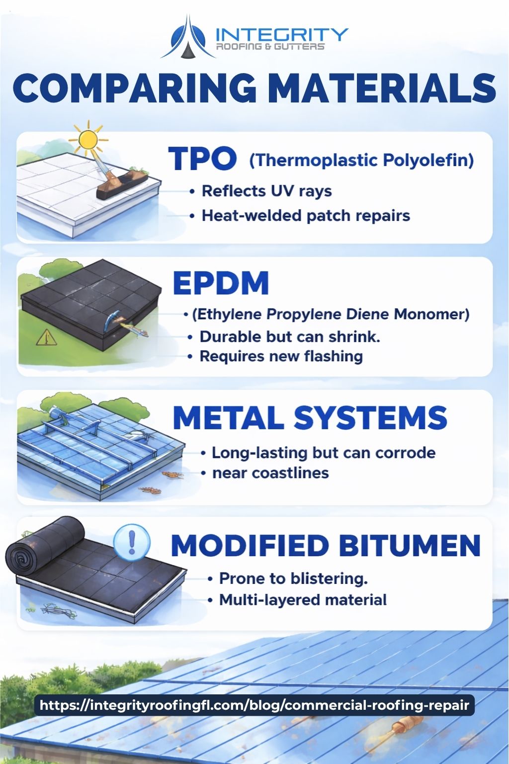 Infographic comparing TPO, EPDM, Metal Systems, and Modified Bitumen roofing materials with key features and repair details.